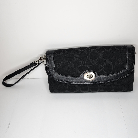 COACH Black Sateen Signature C Small Turn Lock Clutch Wristlet Hand Bag - Picture 7 of 10